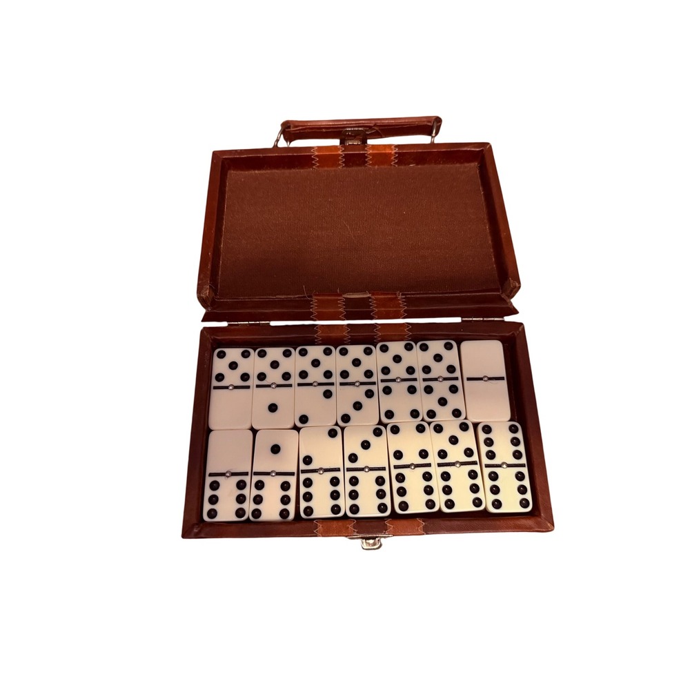 Vintage Double Six Dominoes Set Cream Tiles with Spinners Brown Carrying Case